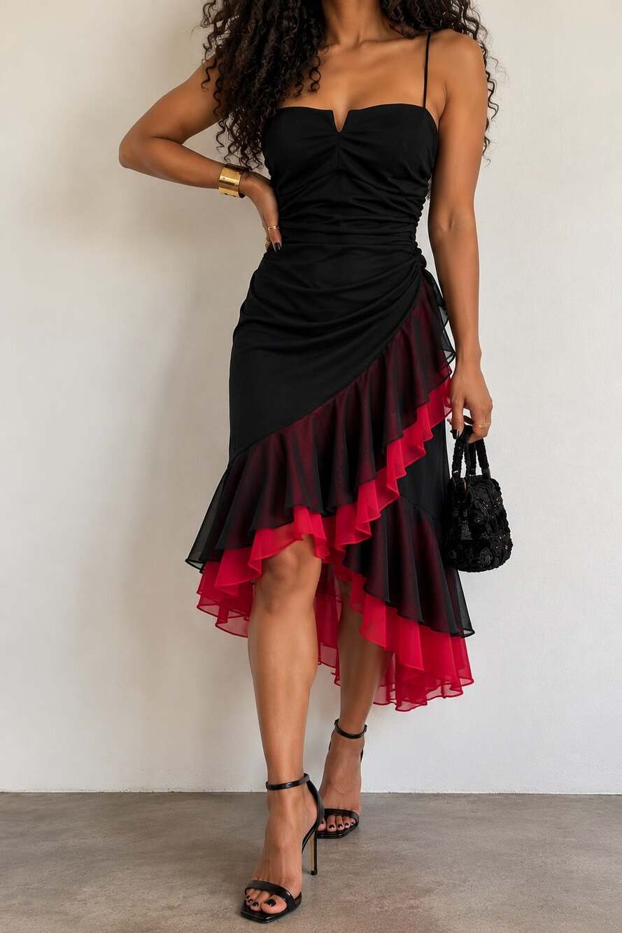 Y2K Black Red Chiffon Ruffle Midi Dress Asymmetrical Party Cocktail Small